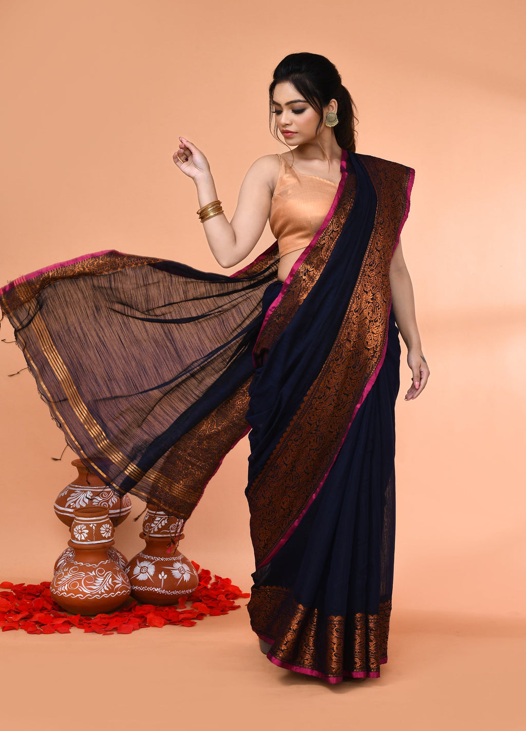 Piyari Fashion Women`s Cotton Blend Navy Blue Handloom Saree With Blouse - Distacart