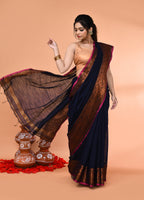 Piyari Fashion Women`s Cotton Blend Navy Blue Handloom Saree With Blouse - Distacart