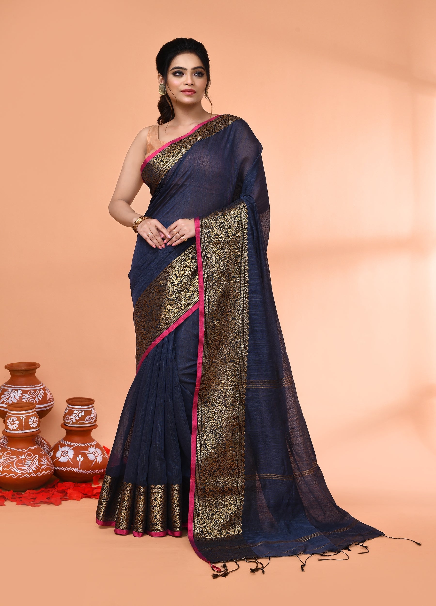 Piyari Fashion Women`s Cotton Blend Grey Handloom Saree With Blouse - Distacart
