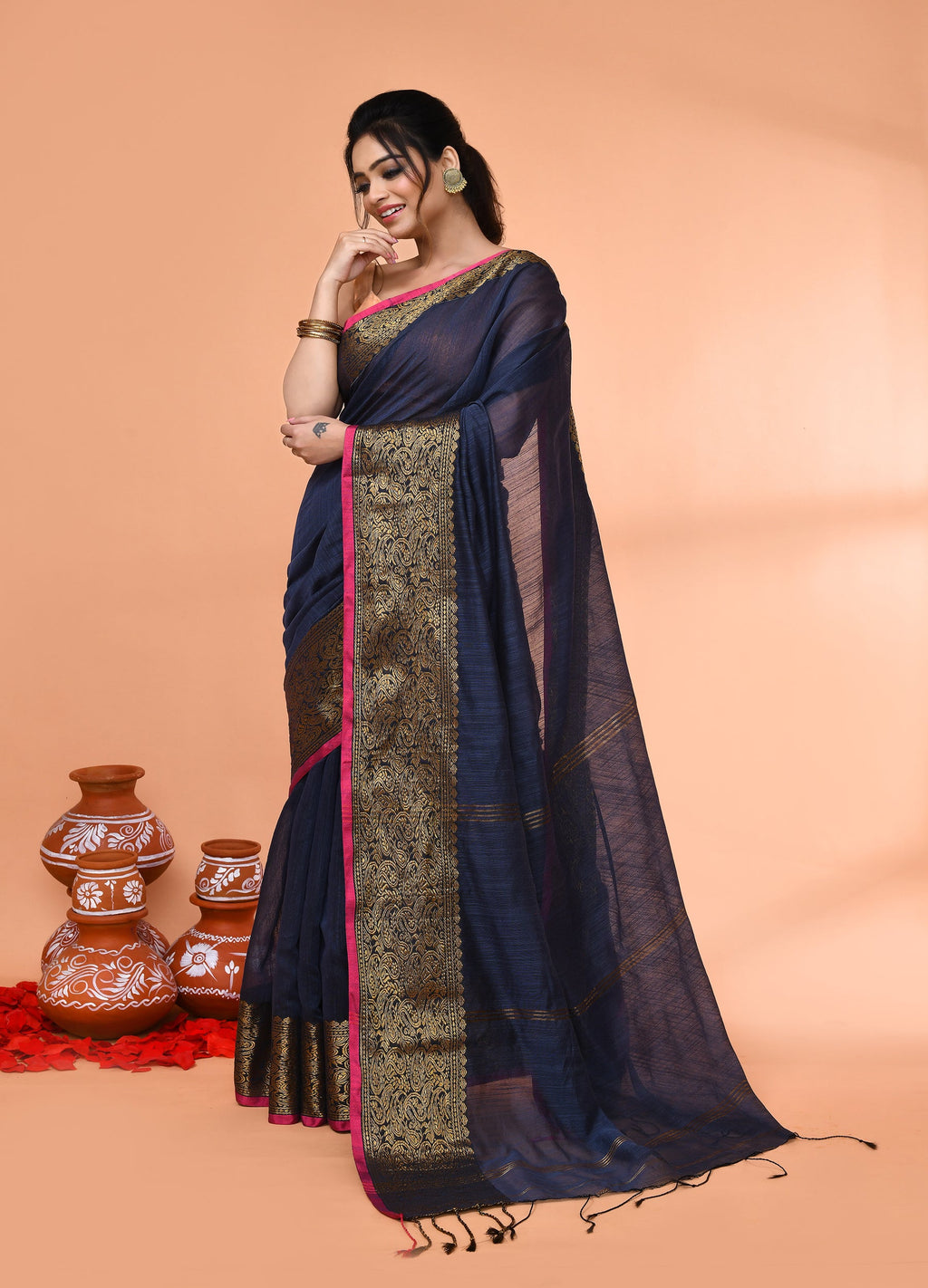 Piyari Fashion Women`s Cotton Blend Grey Handloom Saree With Blouse - Distacart