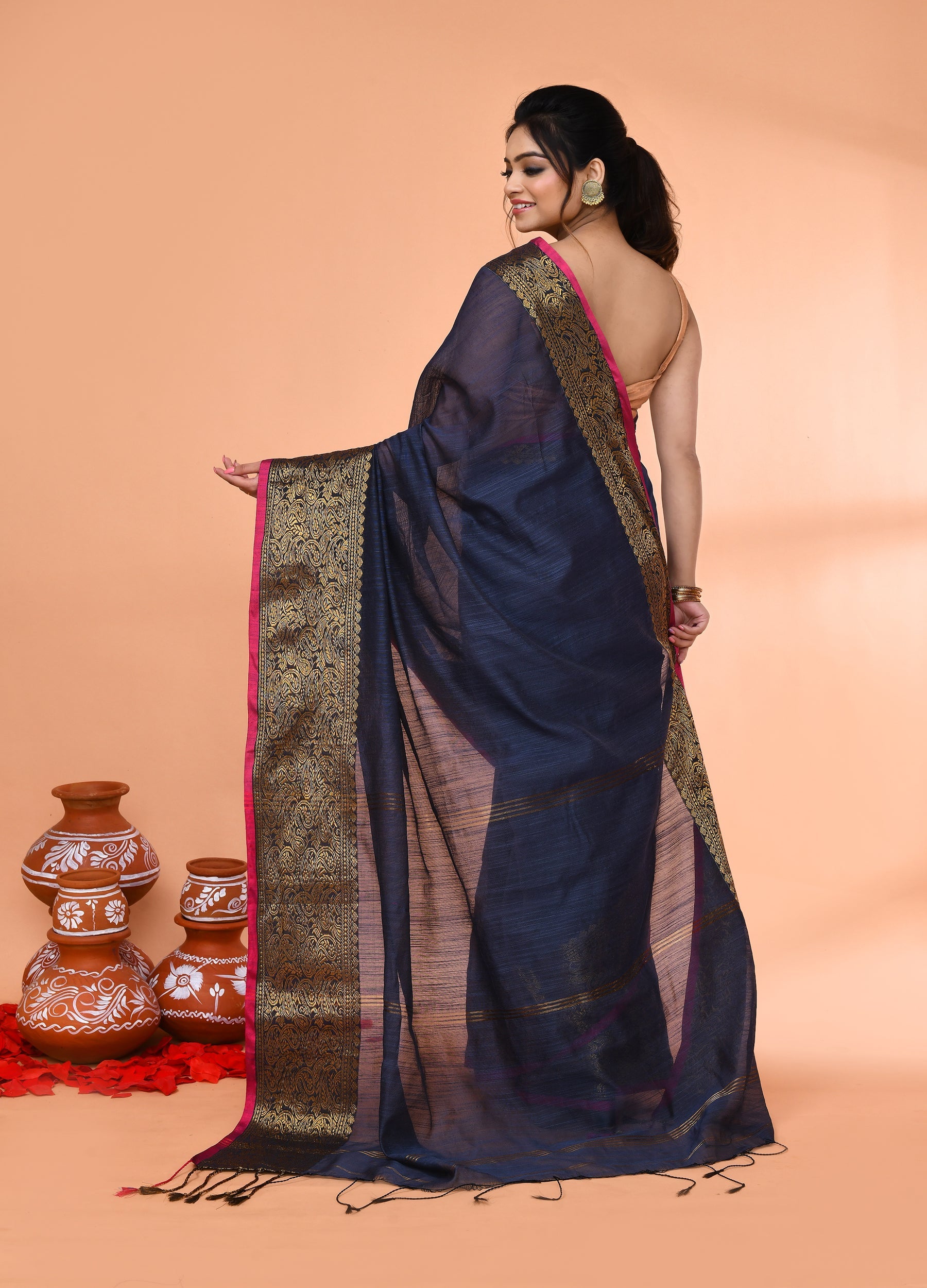 Piyari Fashion Women`s Cotton Blend Grey Handloom Saree With Blouse - Distacart