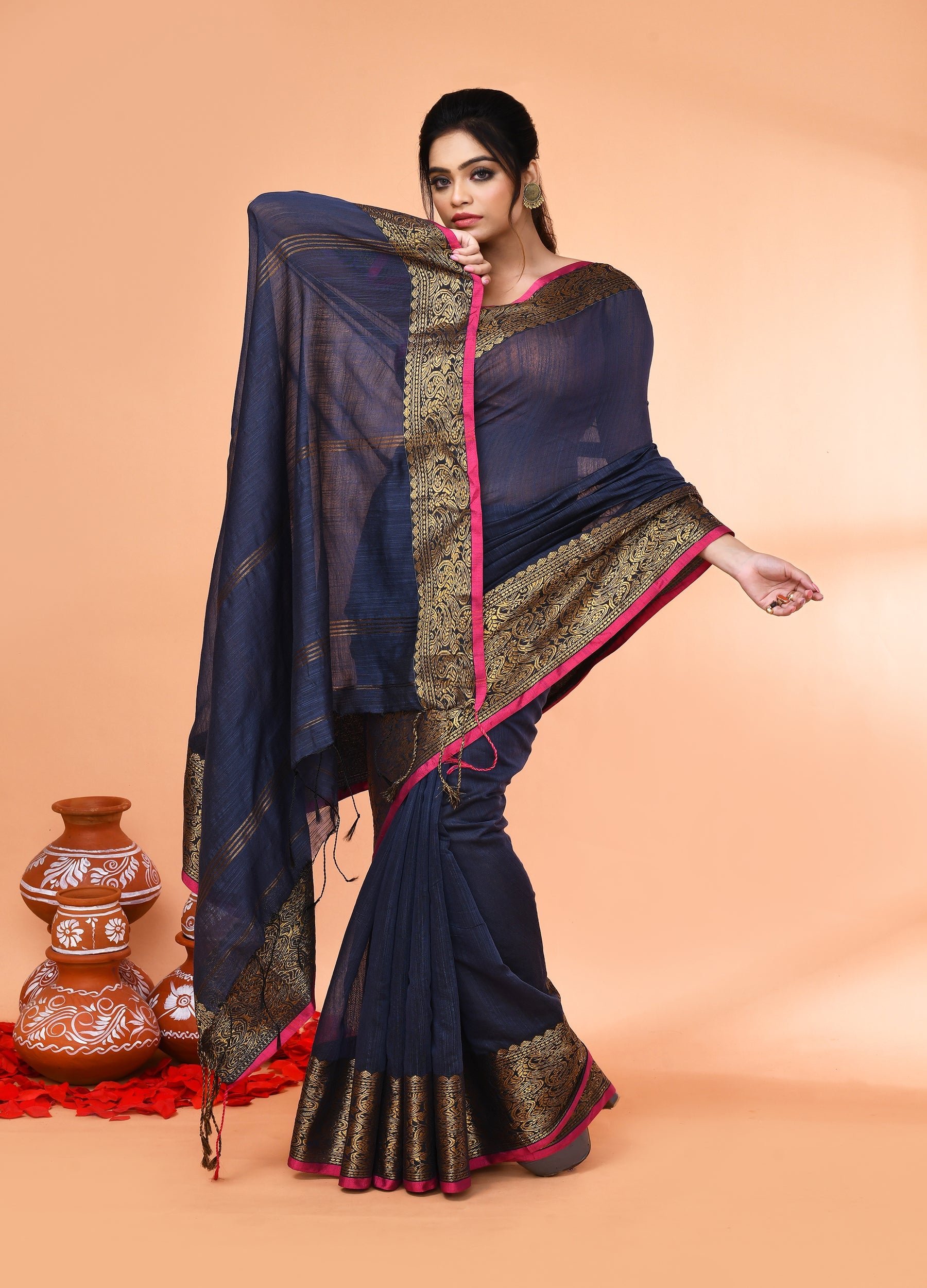 Piyari Fashion Women`s Cotton Blend Grey Handloom Saree With Blouse - Distacart