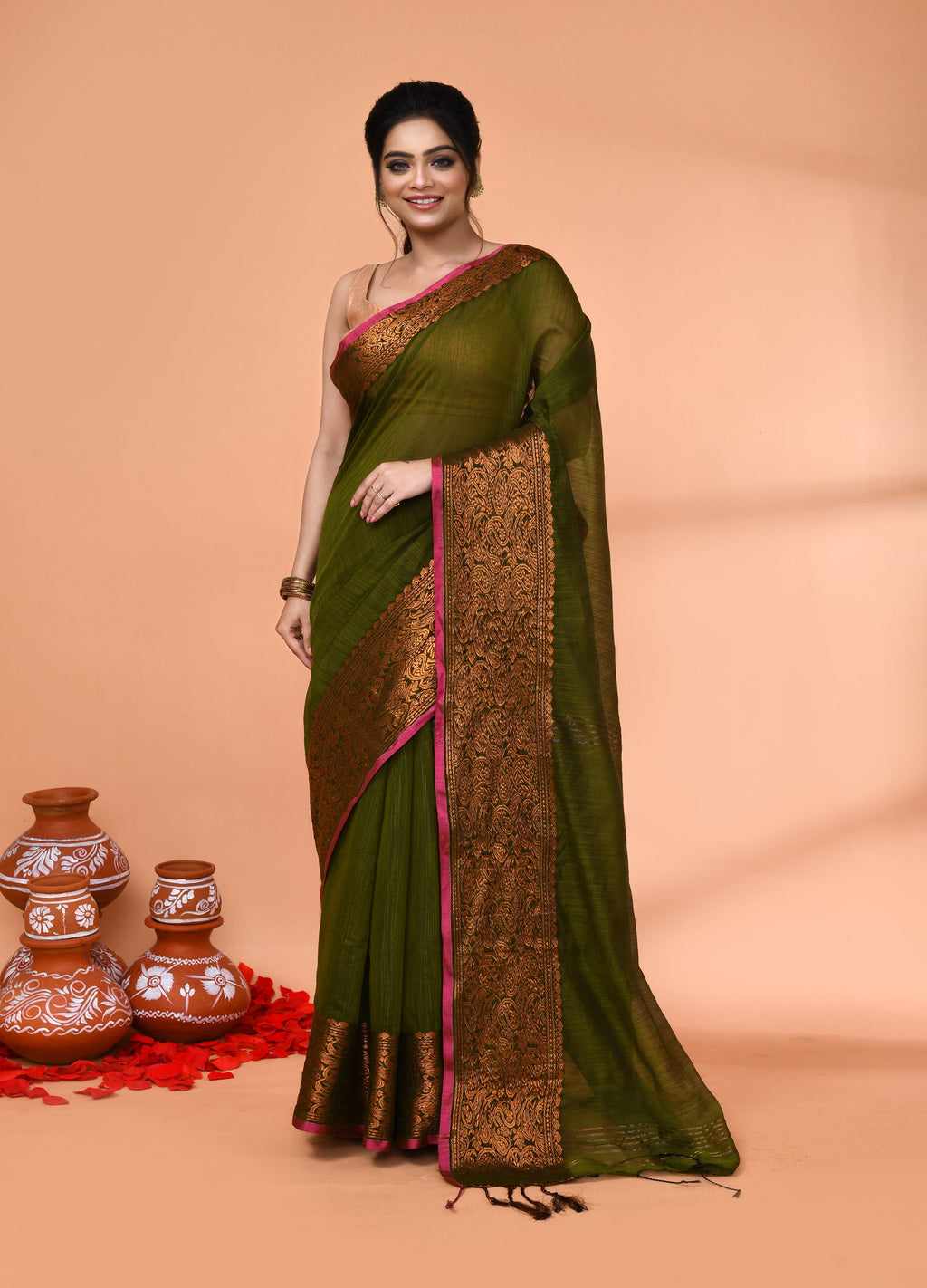 Piyari Fashion Women`s Cotton Blend Moss Green Handloom Saree With Blouse - Distacart