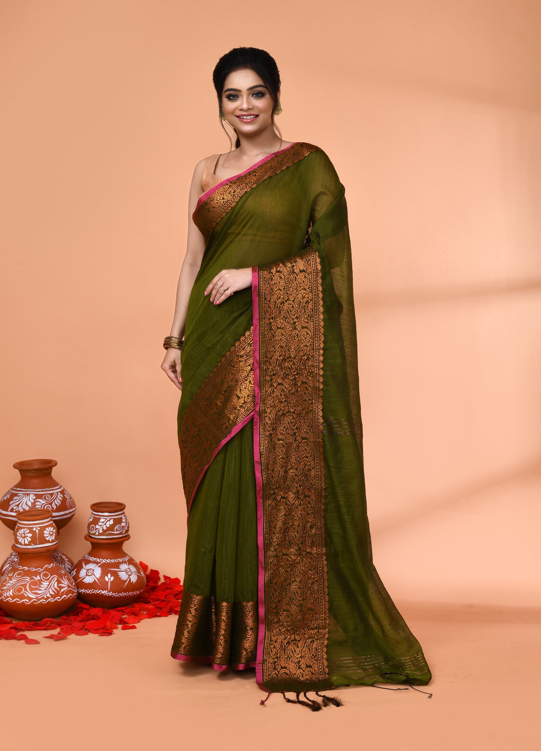 Piyari Fashion Women`s Cotton Blend Moss Green Handloom Saree With Blouse - Distacart