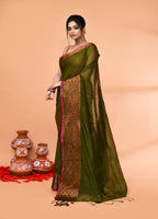 Piyari Fashion Women`s Cotton Blend Moss Green Handloom Saree With Blouse - Distacart