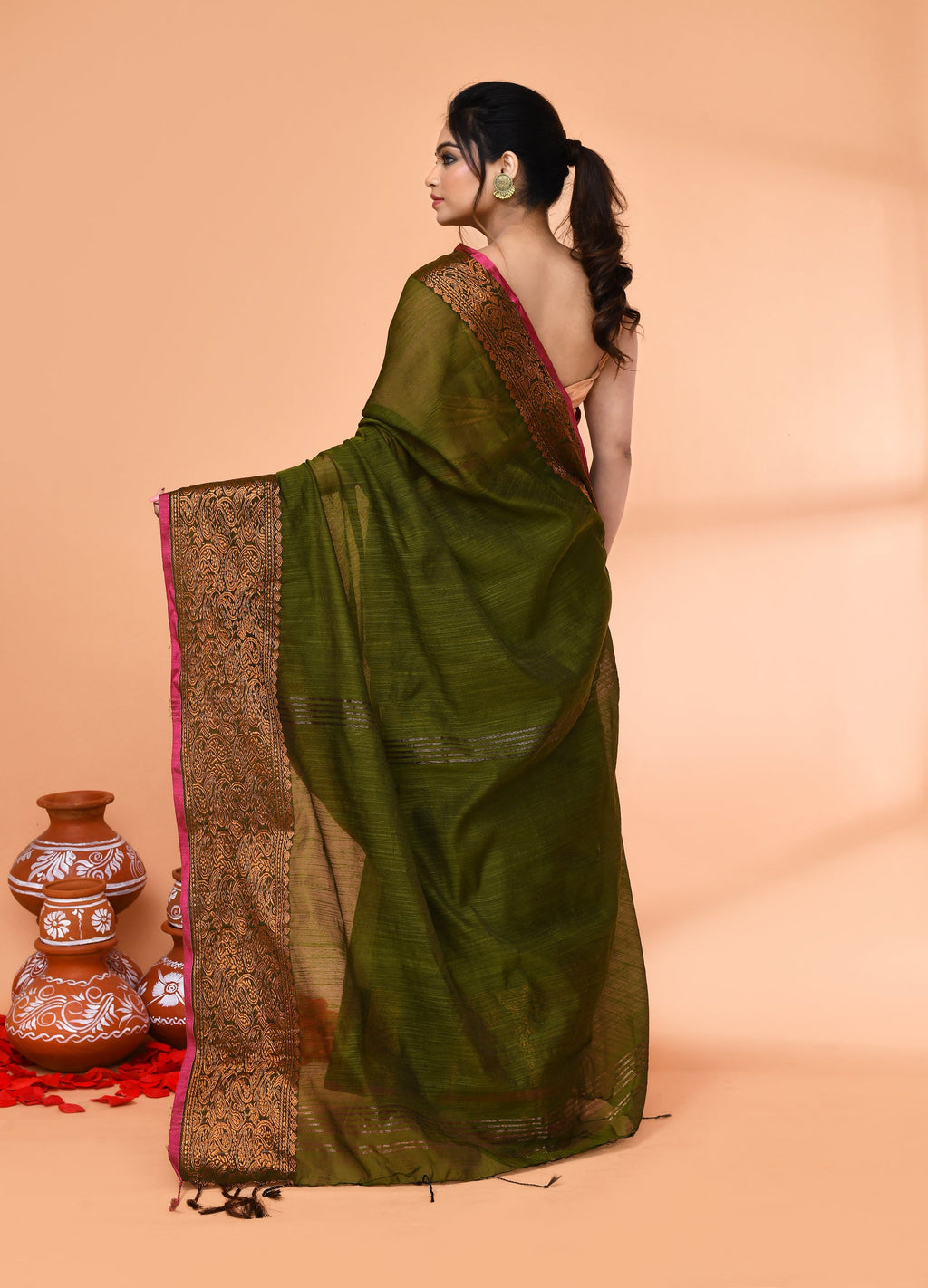 Piyari Fashion Women`s Cotton Blend Moss Green Handloom Saree With Blouse - Distacart