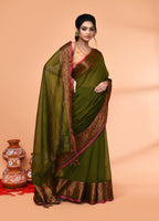 Piyari Fashion Women`s Cotton Blend Moss Green Handloom Saree With Blouse - Distacart
