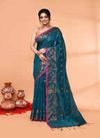 Piyari Fashion Women`s Cotton Blend Teal Handloom Saree With Blouse - Distacart