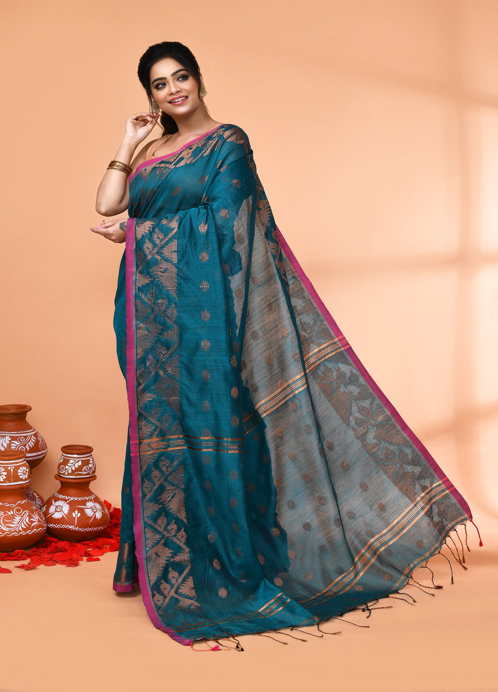 Piyari Fashion Women`s Cotton Blend Teal Handloom Saree With Blouse - Distacart