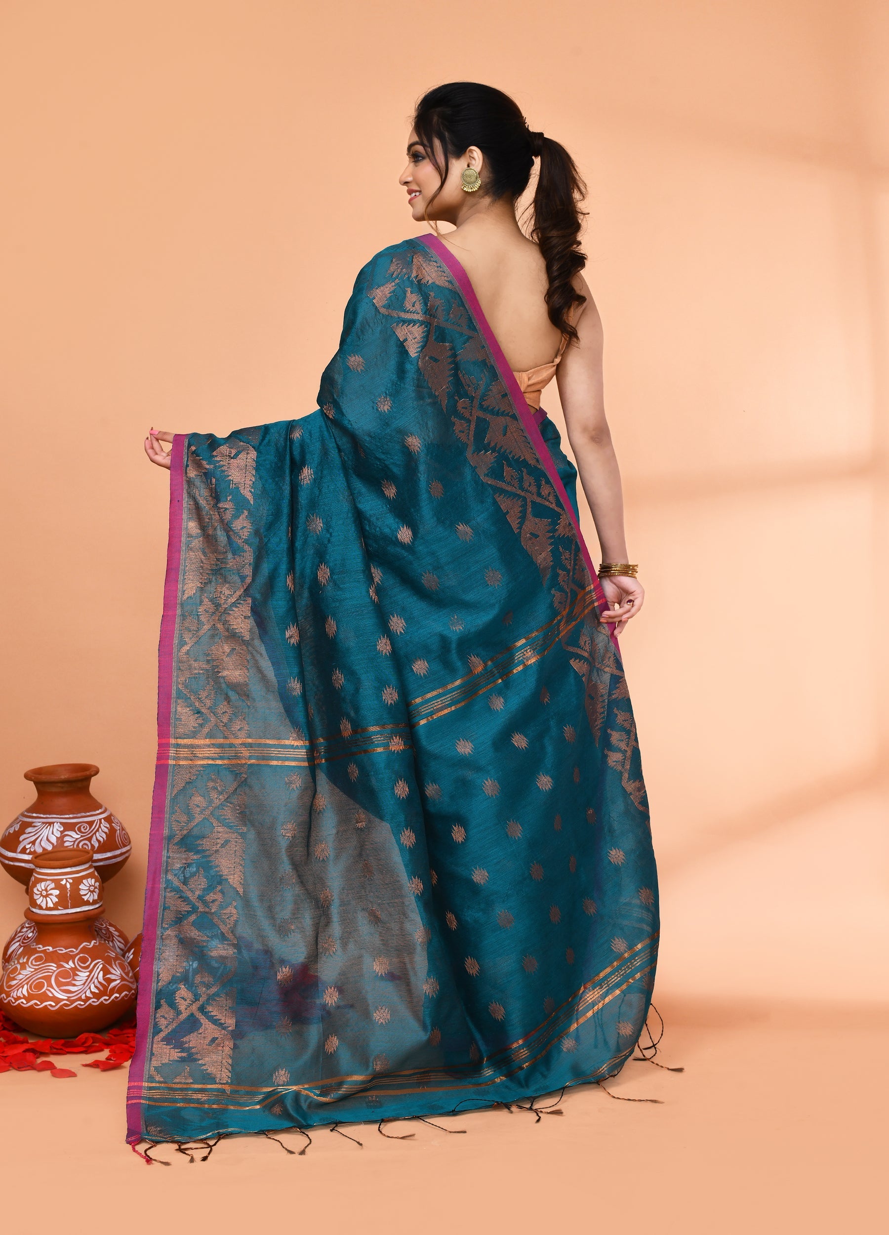 Piyari Fashion Women`s Cotton Blend Teal Handloom Saree With Blouse - Distacart