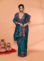 Piyari Fashion Women`s Cotton Blend Teal Handloom Saree With Blouse - Distacart