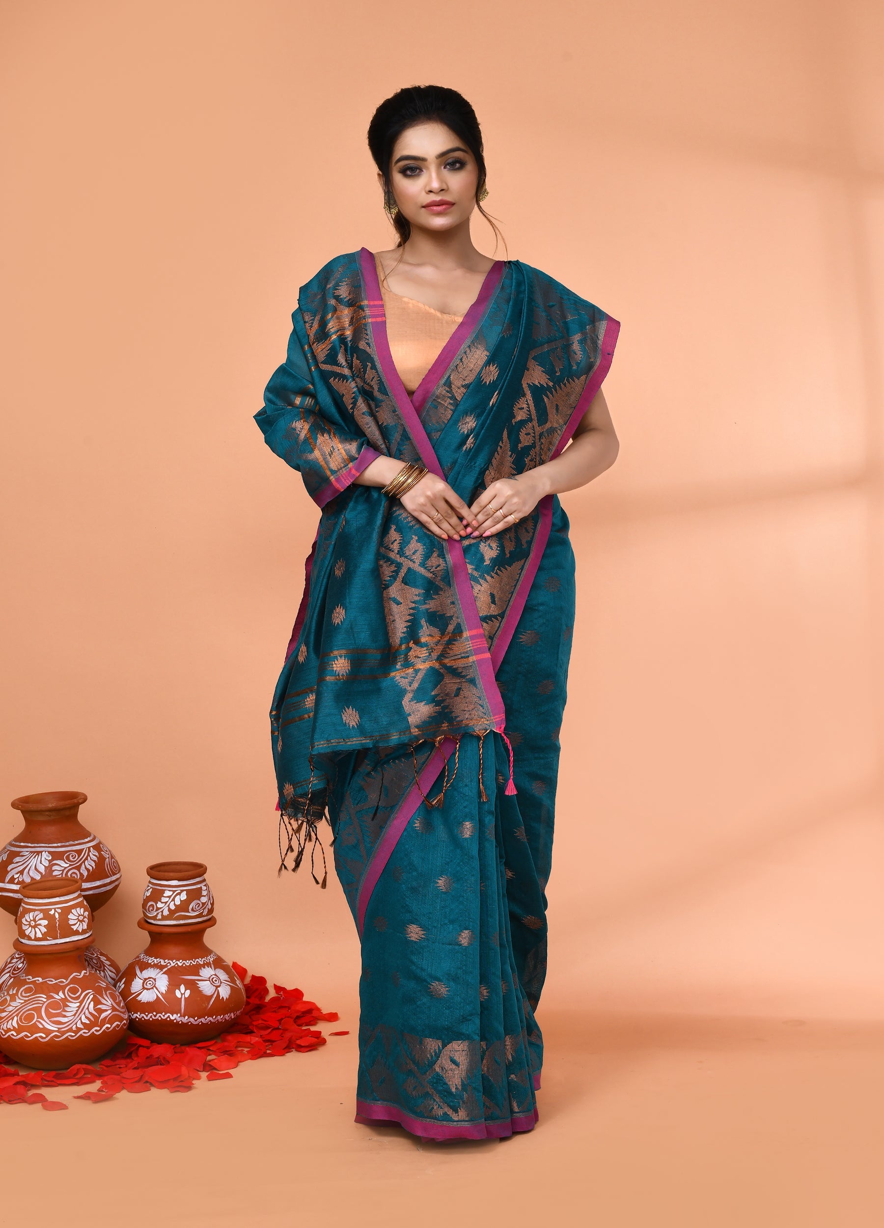 Piyari Fashion Women`s Cotton Blend Teal Handloom Saree With Blouse - Distacart