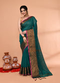 Piyari Fashion Women`s Cotton Blend Teal Handloom Saree With Blouse - Distacart