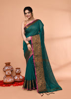 Piyari Fashion Women`s Cotton Blend Teal Handloom Saree With Blouse - Distacart