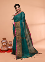 Piyari Fashion Women`s Cotton Blend Teal Handloom Saree With Blouse - Distacart