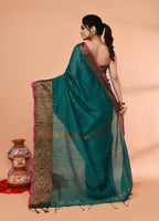 Piyari Fashion Women`s Cotton Blend Teal Handloom Saree With Blouse - Distacart
