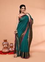 Piyari Fashion Women`s Cotton Blend Teal Handloom Saree With Blouse - Distacart