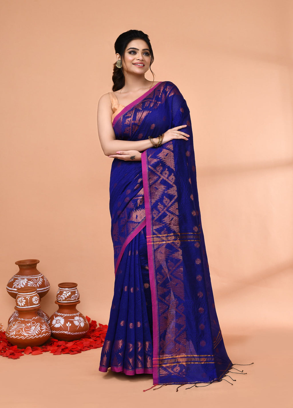 Piyari Fashion Women`s Cotton Blend Royel Blue Handloom Saree With Blouse - Distacart