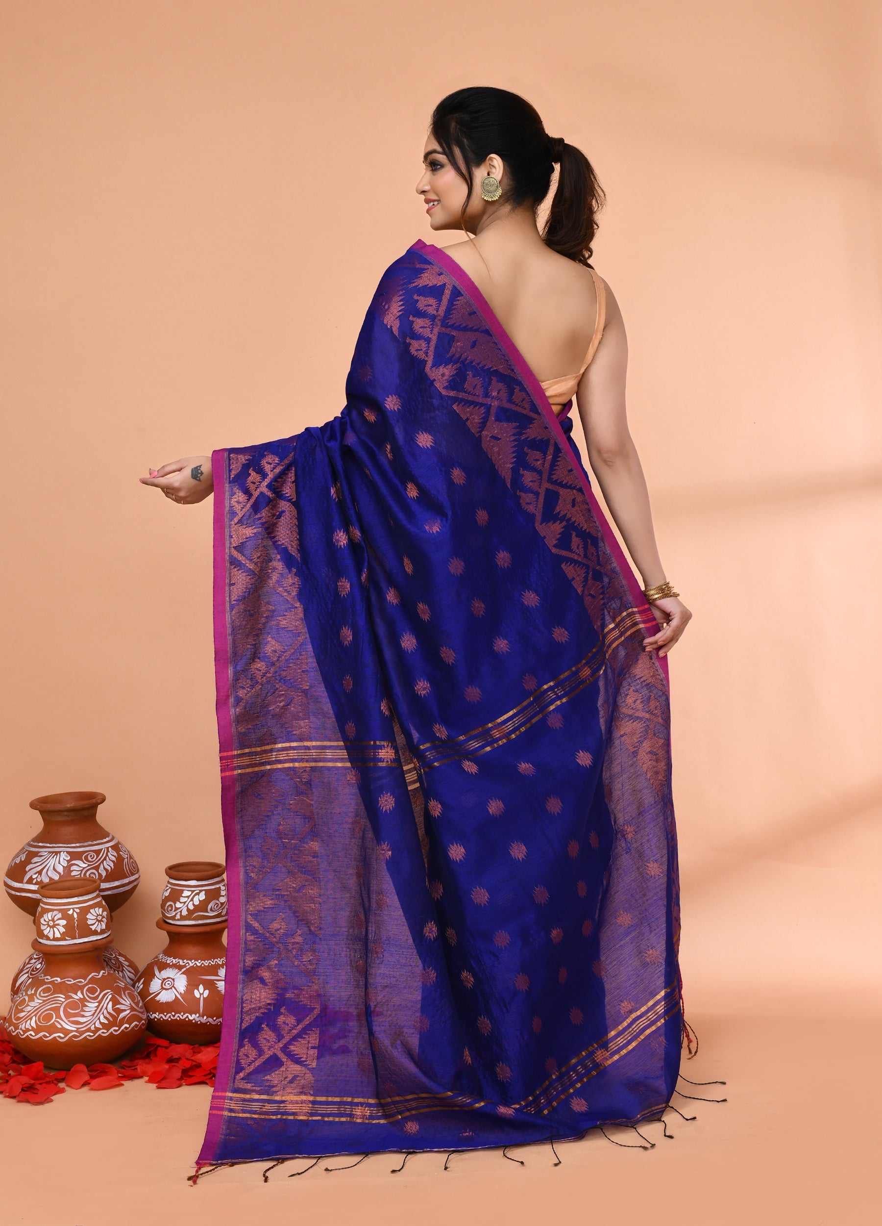 Piyari Fashion Women`s Cotton Blend Royel Blue Handloom Saree With Blouse - Distacart