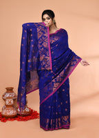 Piyari Fashion Women`s Cotton Blend Royel Blue Handloom Saree With Blouse - Distacart