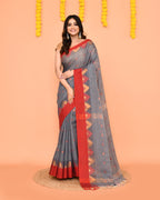 Piyari Fashion Women's Grey Cotton Blend Handloom Saree With Red Temple Border - Distacart