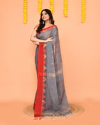 Piyari Fashion Women's Grey Cotton Blend Handloom Saree With Red Temple Border - Distacart