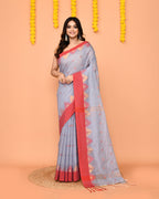 Piyari Fashion Women's Sky Blue Cotton Blend Handloom Saree With Red Temple Border - Distacart