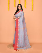 Piyari Fashion Women's Sky Blue Cotton Blend Handloom Saree With Red Temple Border - Distacart