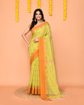 Piyari Fashion Women's Lime Yellow Cotton Blend Handloom Saree With Brown Temple Border - Distacart