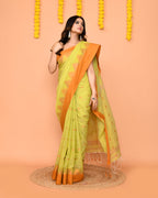 Piyari Fashion Women's Lime Yellow Cotton Blend Handloom Saree With Brown Temple Border - Distacart