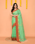 Piyari Fashion Women's Green Cotton Blend Handloom Saree With Red Temple Border - Distacart