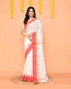 Piyari Fashion Women's White Cotton Blend Handloom Saree With Red Temple Border - Distacart