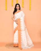 Piyari Fashion Women's White Cotton Blend Handloom Saree With Brown Temple Border - Distacart