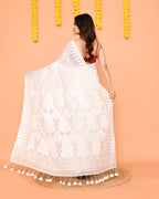 Piyari Fashion Women's White Cotton Blend Jamdani Saree With Tassels - Distacart