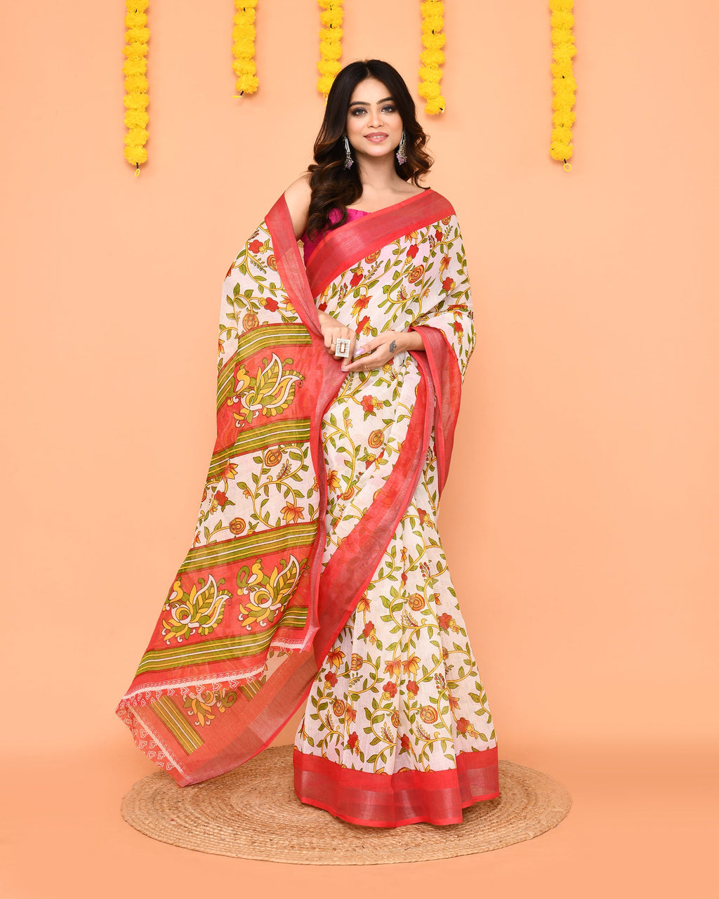 Piyari Fashion Women's Off White Printed Cotton Saree With Zari Border - Distacart
