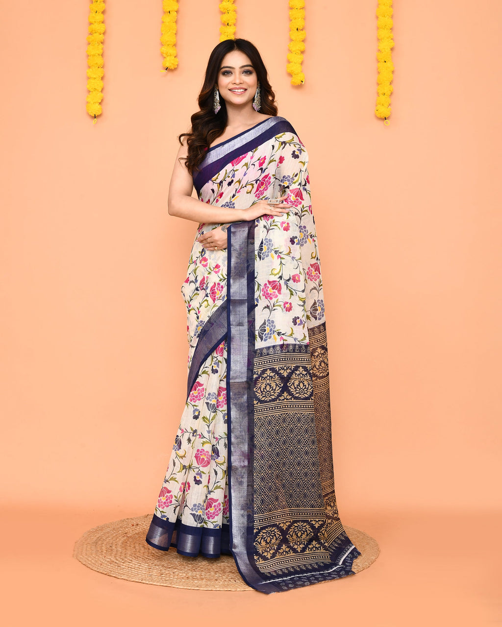 Piyari Fashion Women's Off White Printed Cotton Saree With Zari Border - Distacart