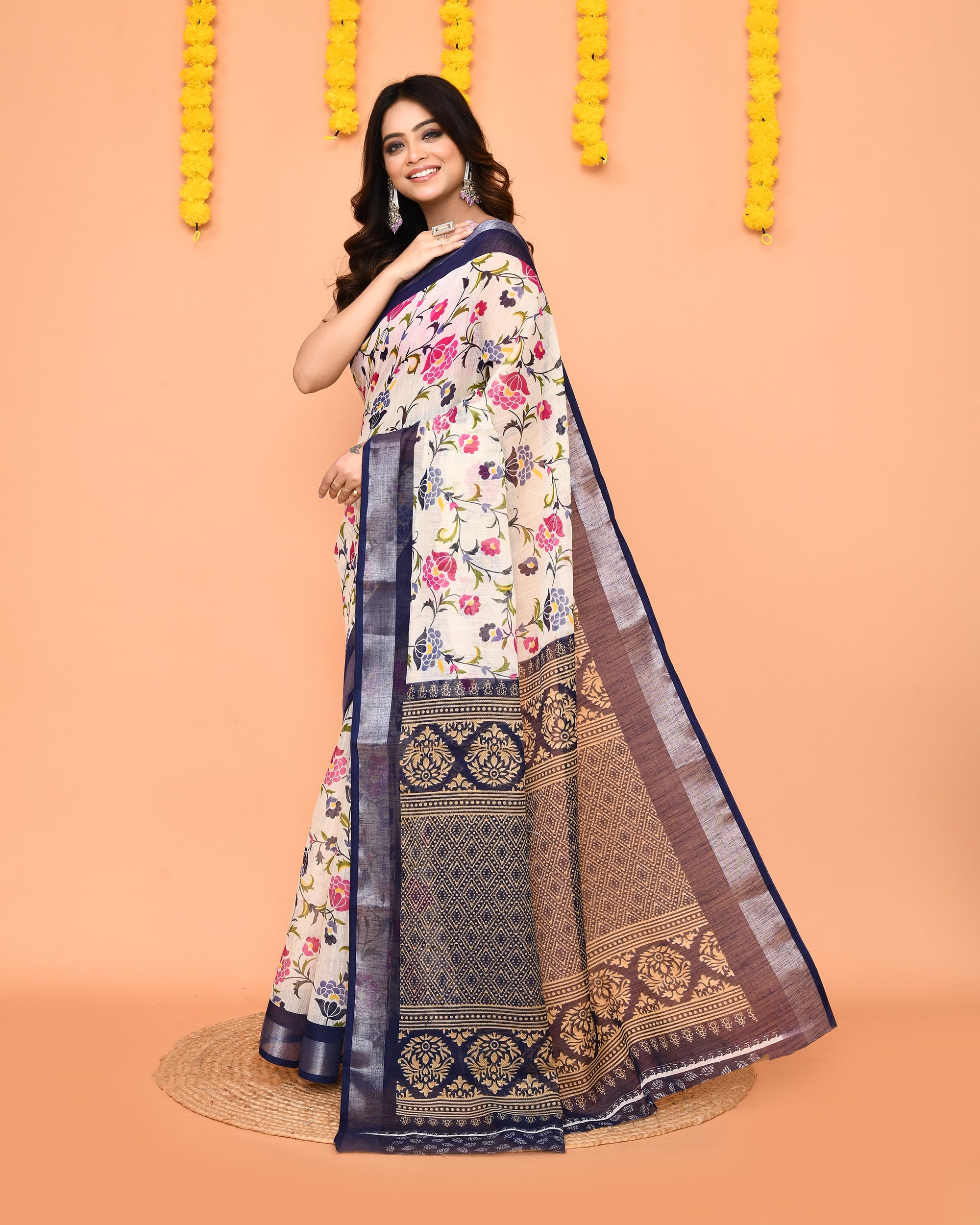 Piyari Fashion Women's Off White Printed Cotton Saree With Zari Border - Distacart