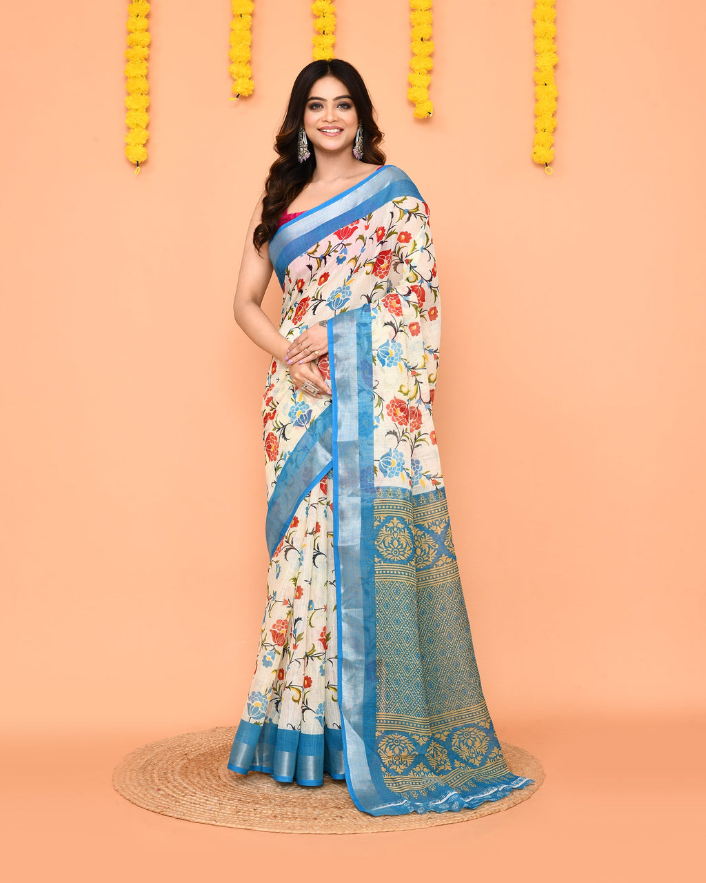Piyari Fashion Women's Off White Printed Cotton Saree With Zari Border - Distacart