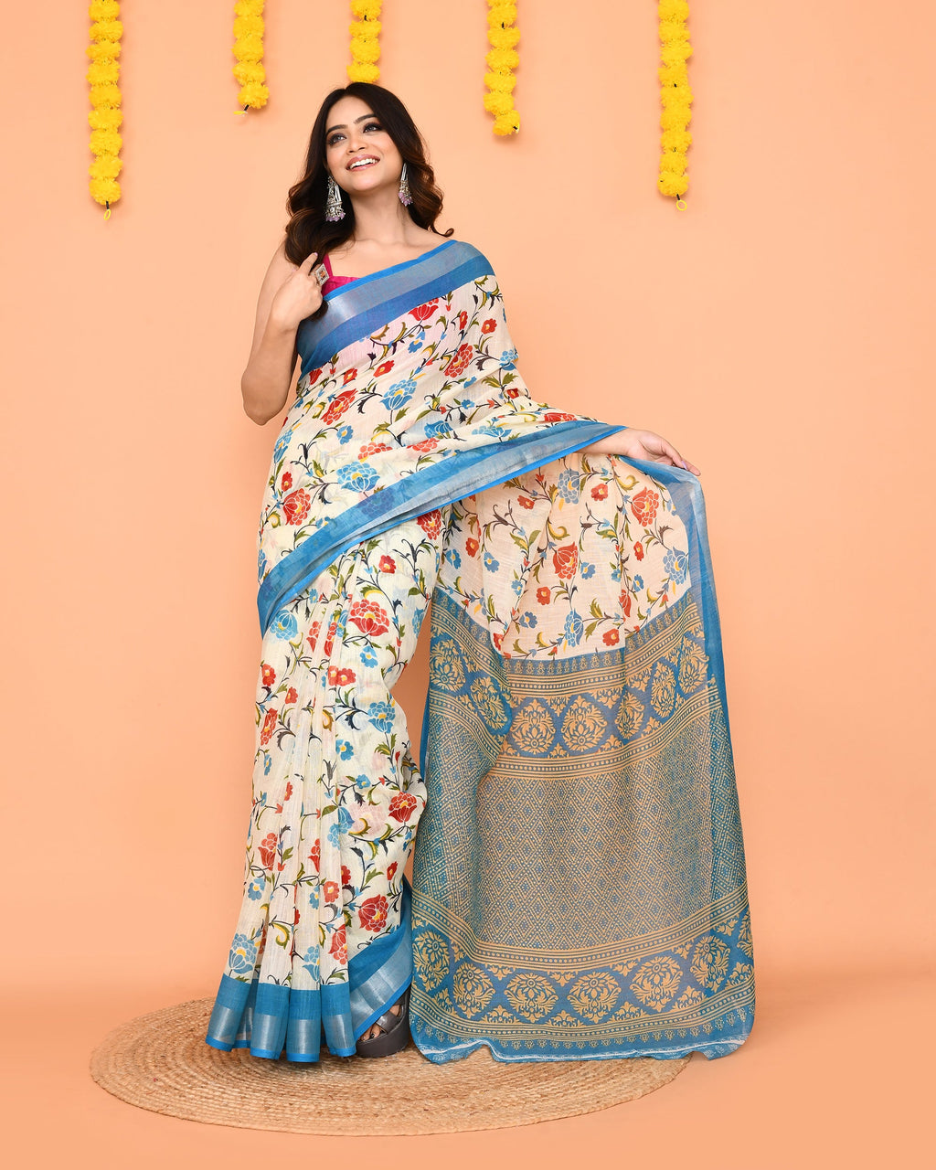 Piyari Fashion Women's Off White Printed Cotton Saree With Zari Border - Distacart