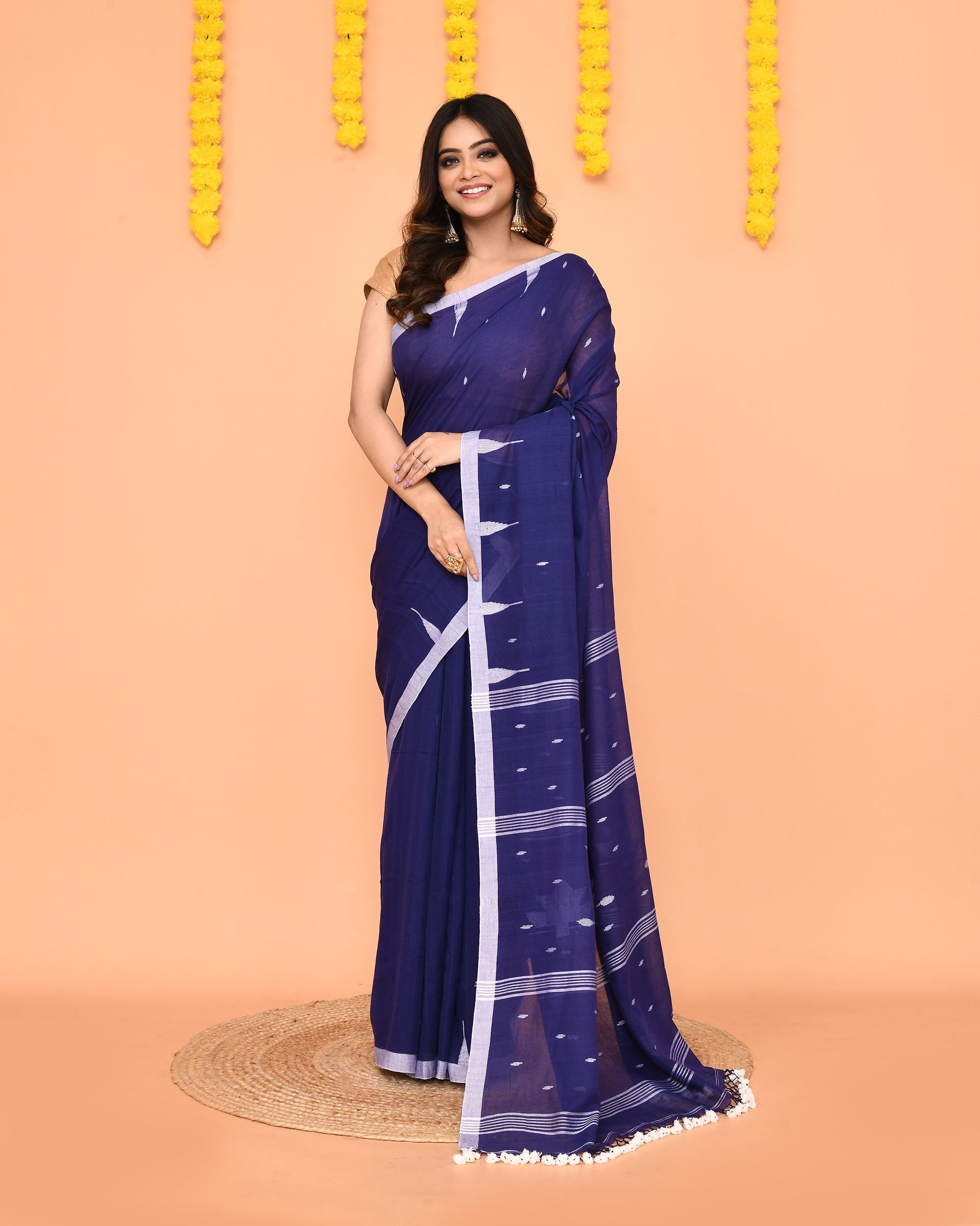 Piyari Fashion Soft Mul Cotton Blue Jamdani Saree With Net Tassels - Distacart
