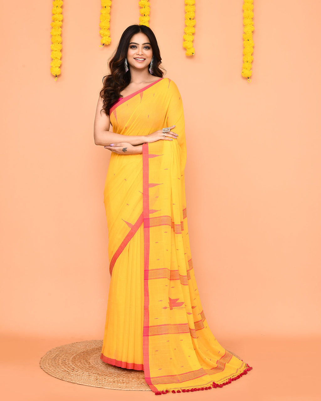 Piyari Fashion Soft Mul Cotton Yellow Jamdani Saree With Net Tassels - Distacart