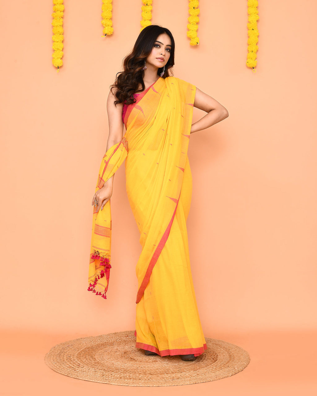 Piyari Fashion Soft Mul Cotton Yellow Jamdani Saree With Net Tassels - Distacart