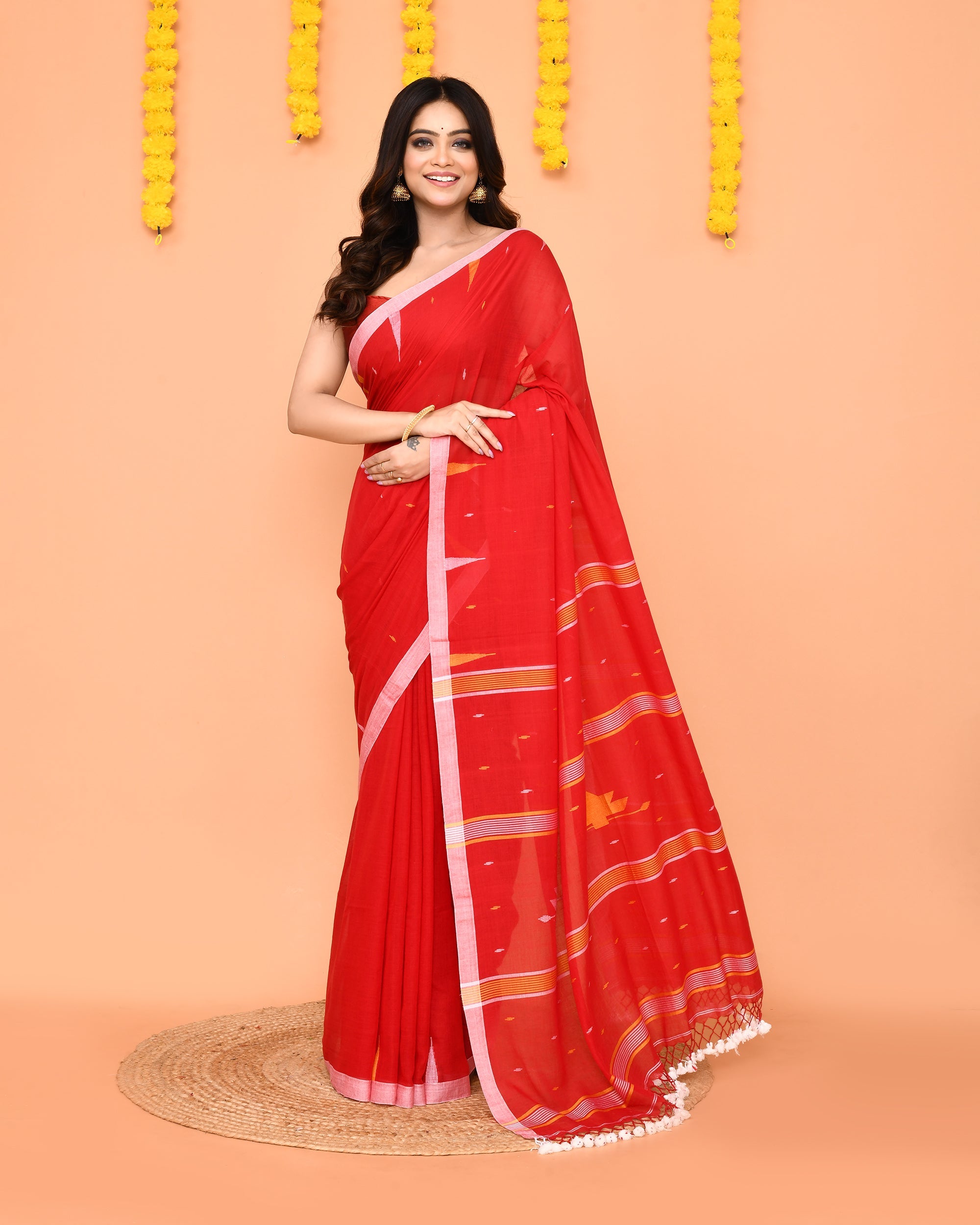 Piyari Fashion Soft Mul Cotton Red Jamdani Saree With Net Tassels - Distacart