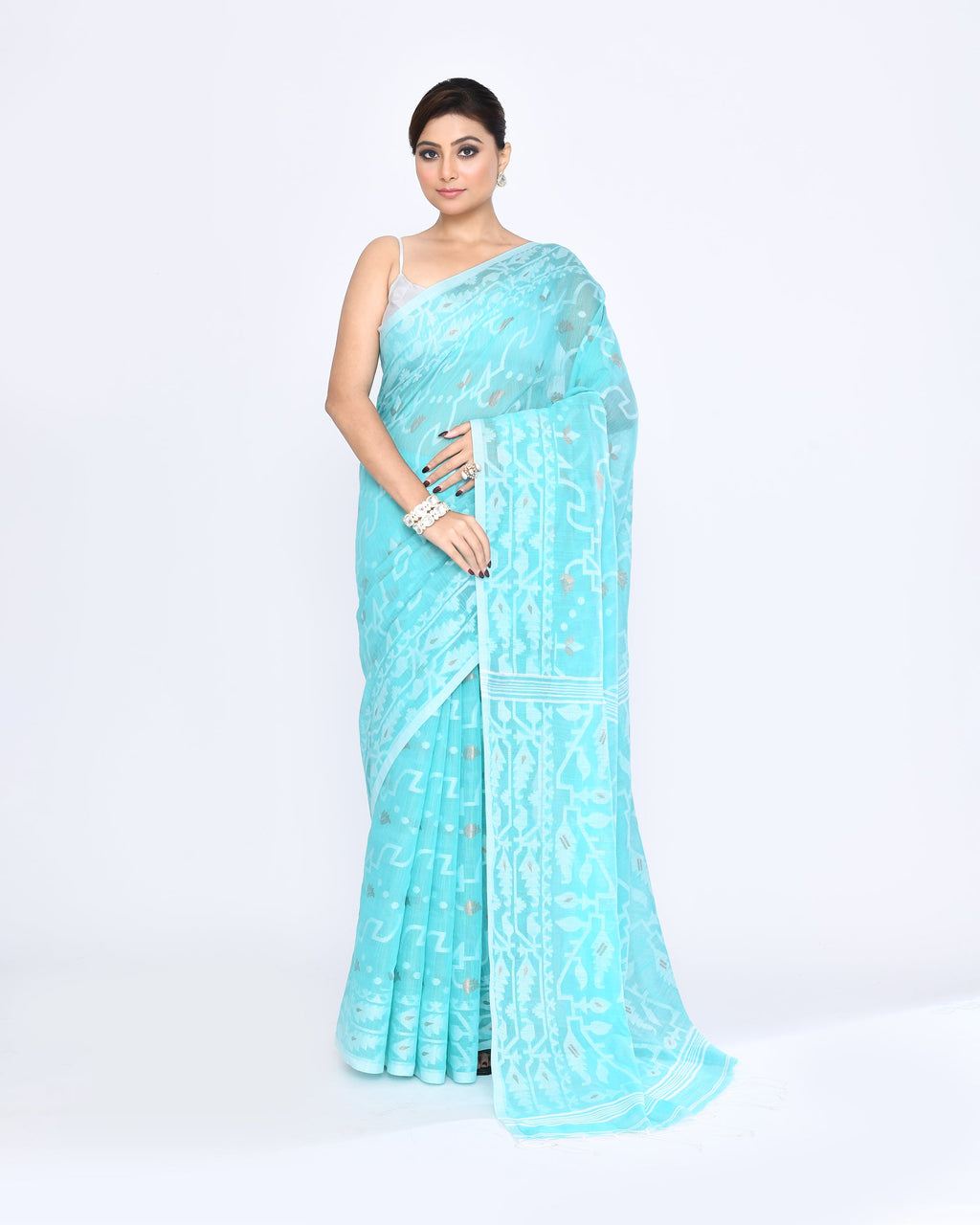 Piyari Fashion Women's Aqua Embellished Cotton Blend Jamdani Saree - Distacart