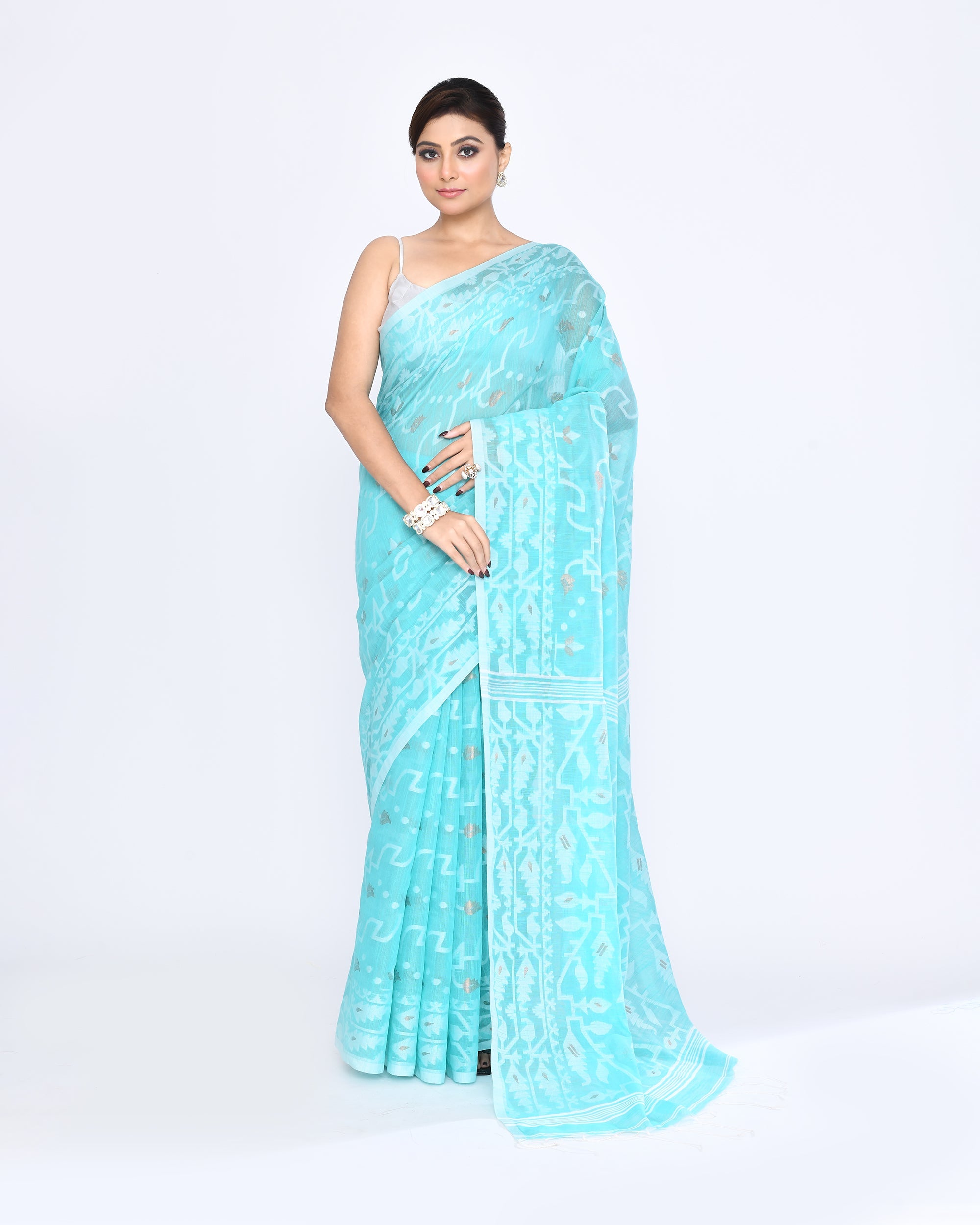 Piyari Fashion Women's Aqua Embellished Cotton Blend Jamdani Saree - Distacart