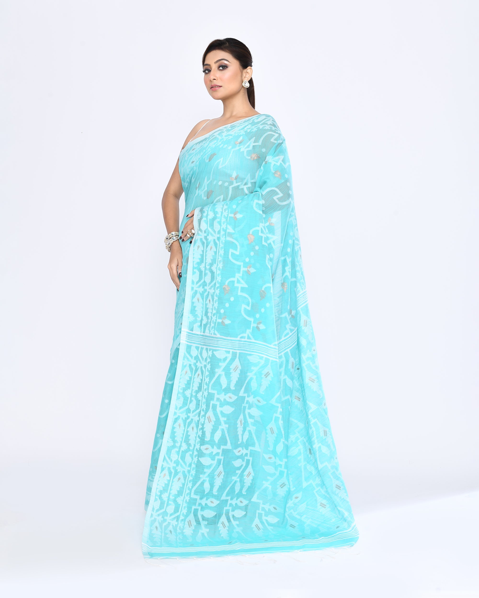 Piyari Fashion Women's Aqua Embellished Cotton Blend Jamdani Saree - Distacart