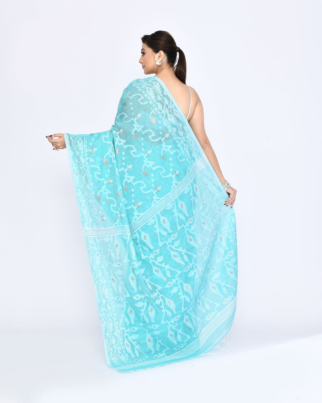 Piyari Fashion Women's Aqua Embellished Cotton Blend Jamdani Saree - Distacart