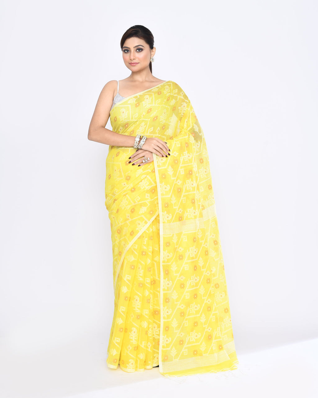 Piyari Fashion Women's Yellow Embellished Cotton Blend Jamdani Saree - Distacart