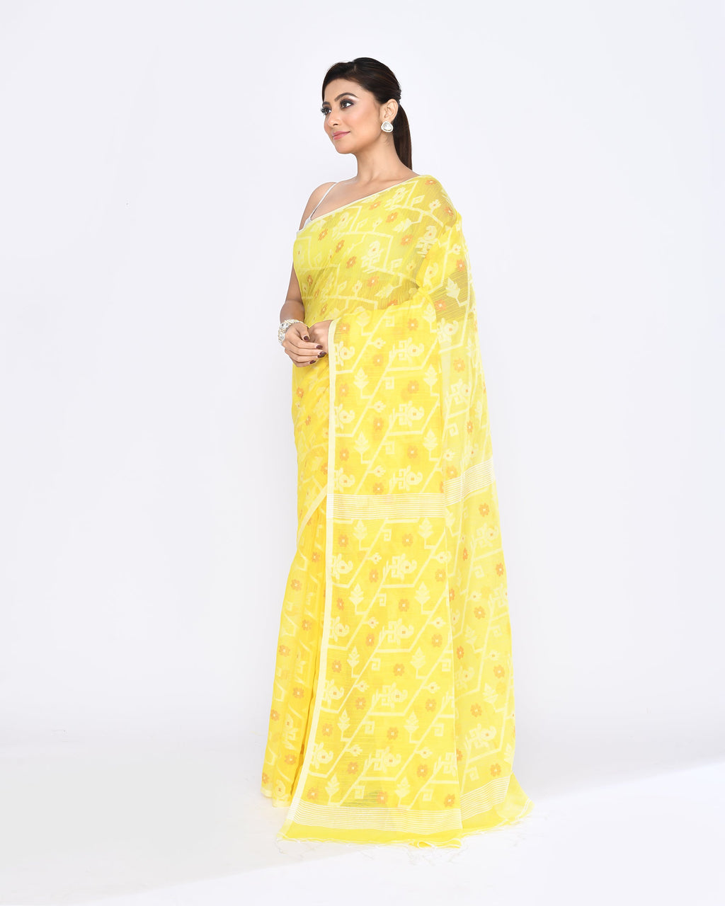 Piyari Fashion Women's Yellow Embellished Cotton Blend Jamdani Saree - Distacart