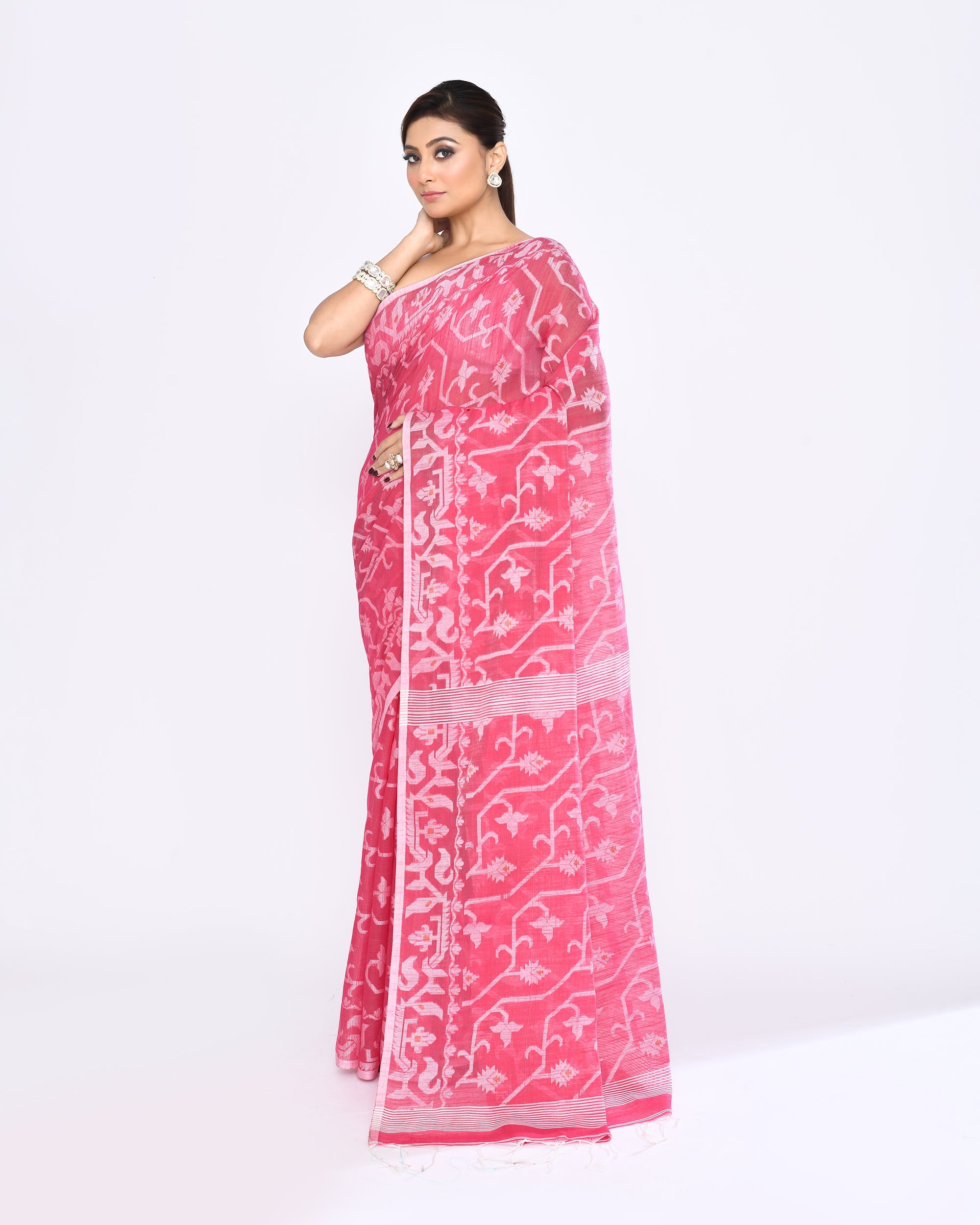 Piyari Fashion Women's Pink Embellished Cotton Blend Jamdani Saree - Distacart